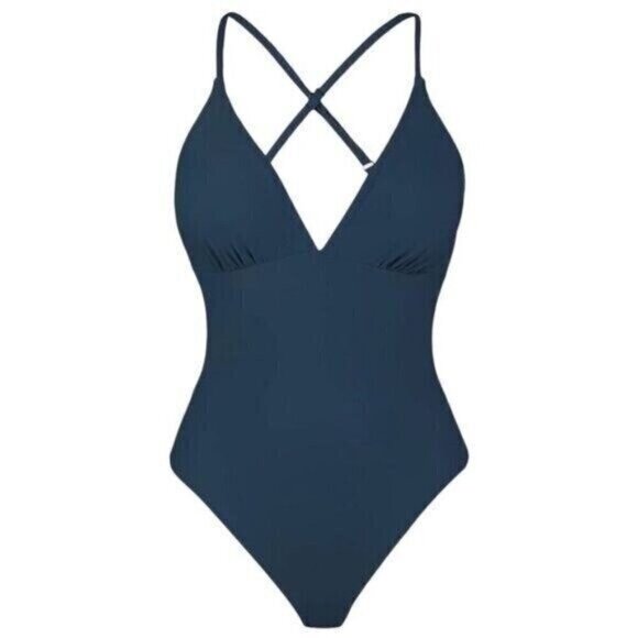 Cupshe Women One-Piece Swimsuit Medium Blue V-Neck Cutout Crossback Strappy - Picture 6 of 10